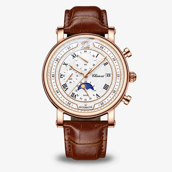 Galileo watch in rose gold-tone alloy with ivory white dial, Roman numerals, moon phase at six and brown leather strap, front view