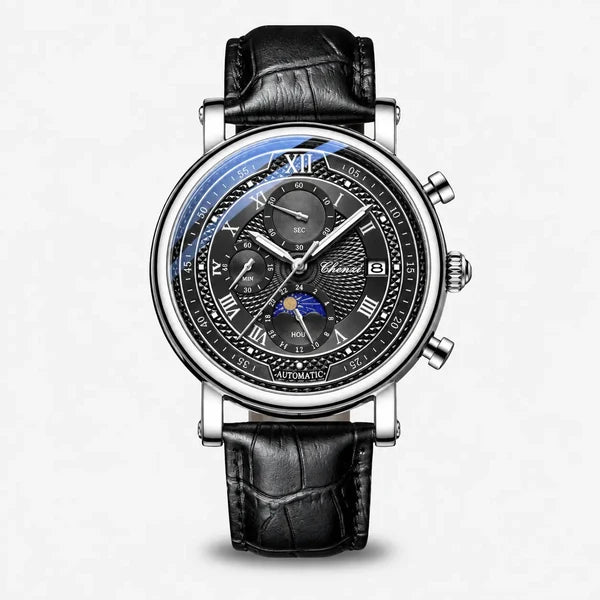 Galileo watch in silver-tone alloy with onyx black textured dial, date window, moon phase and black leather strap, front view