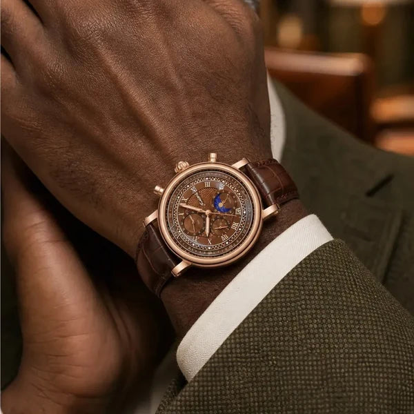 Galileo rose gold and espresso brown watch on the wrist with an olive tweed jacket and white shirt cuff