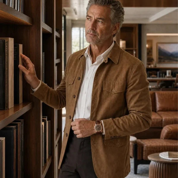 Man in a suede overshirt at a bookshelf wearing the Galileo rose gold watch on a brown leather strap