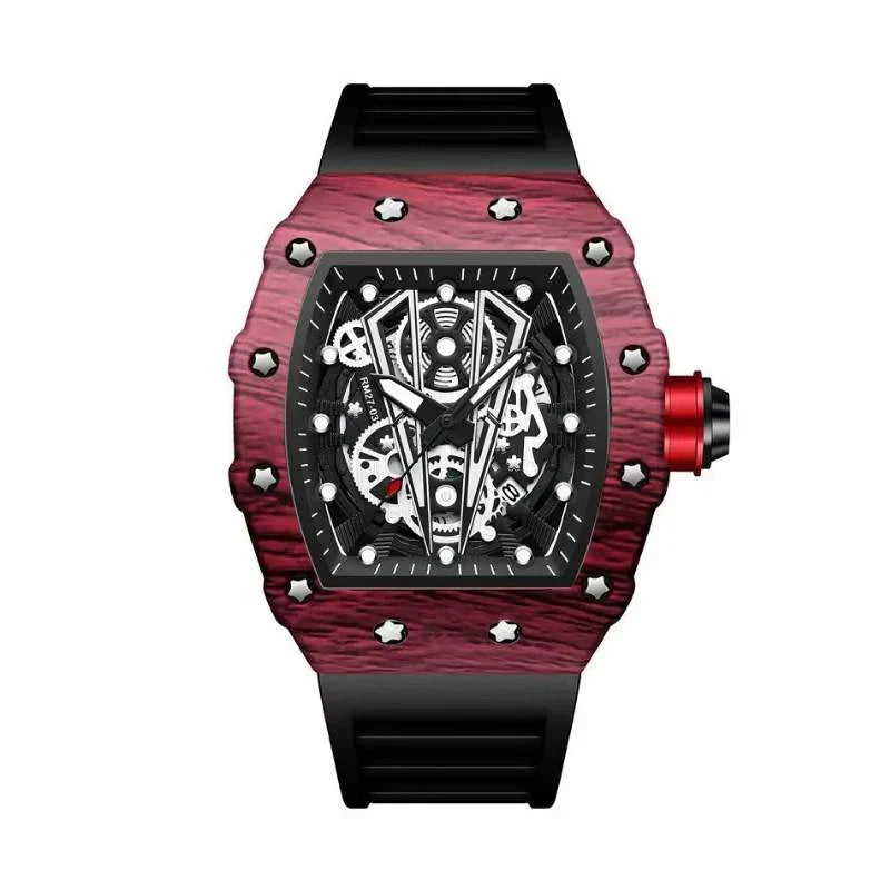 Helix men’s watch, tonneau burgundy wood-grain effect case, black skeleton dial, black rubber strap, front hero view