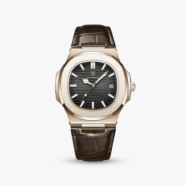Laurent brushed steel watch, front view on leather strap