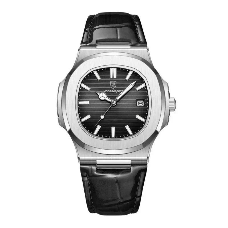Vanetto Laurent Men's Watch in Silver Brushed Steel with Black Textured Dial and Black Leather Strap