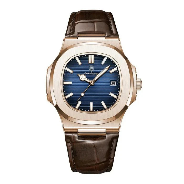 Vanetto Laurent Men's Watch in Rose Gold Tone with Blue Textured Dial and Brown Leather Strap