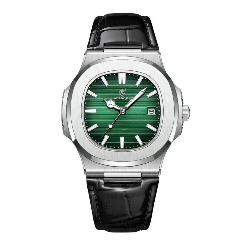 Vanetto Laurent Men's Watch in Silver Brushed Steel with Green Textured Dial and Black Leather Strap