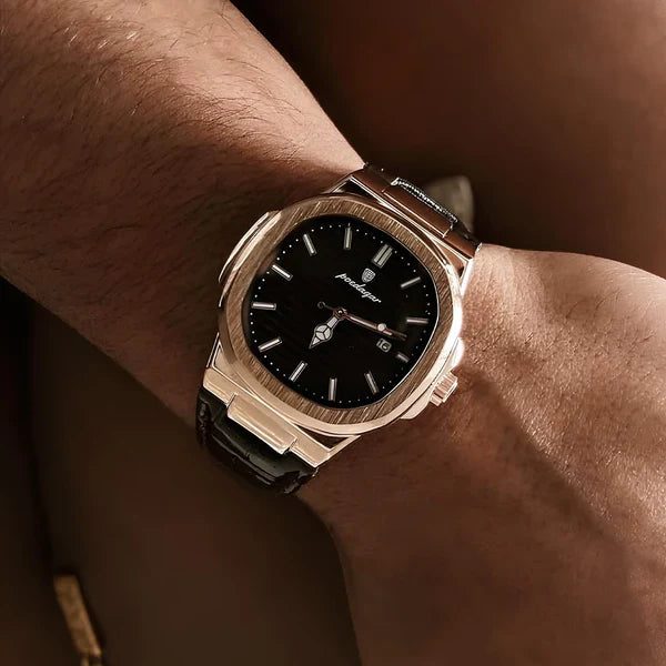 Laurent brushed steel watch with textured dial on a leather strap
