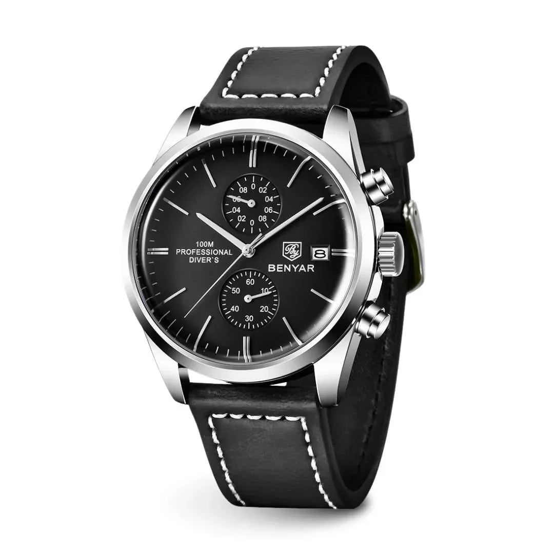 Livorno men's watch with silver-tone case, black dial and black leather strap, angled front view