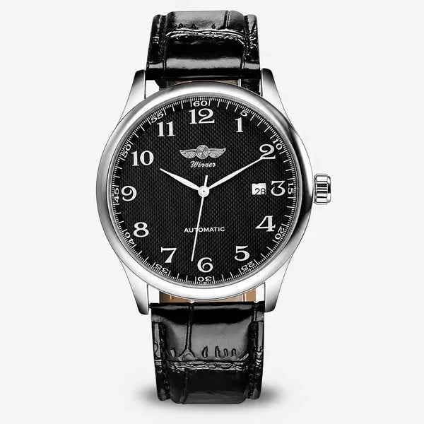 Lorenzo men's automatic watch, black Arabic numeral dial, steel case, black leather strap, front view