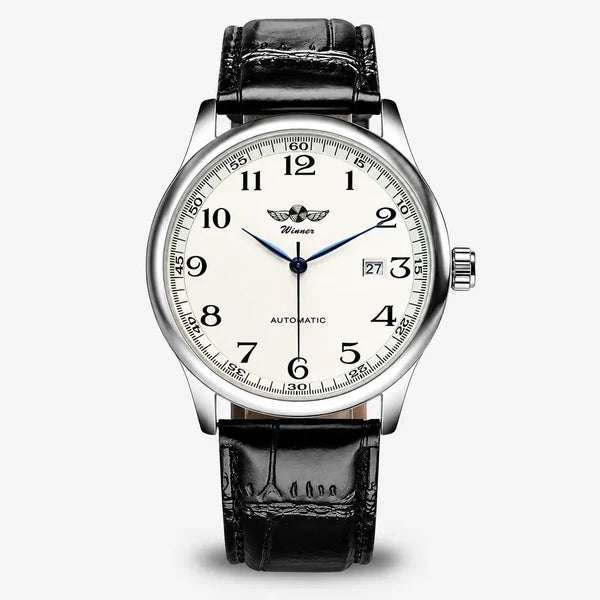 Lorenzo men's automatic watch, ivory Arabic numeral dial with blue hands, steel case, black leather strap, front view