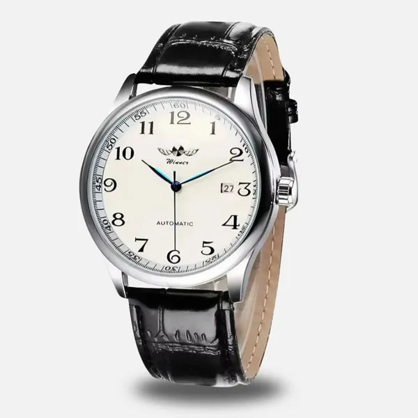 Lorenzo ivory dial watch at an angle, showing the steel case profile and date window