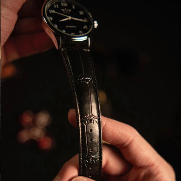 Close-up of the Lorenzo black croco-embossed leather strap