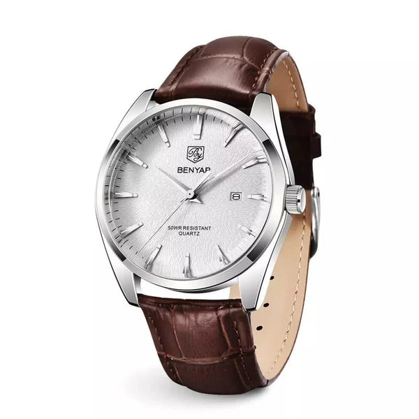 Lucca slim dress watch with a pearl white textured dial and brown croco-embossed leather strap, angled view
