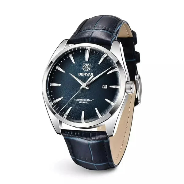 Lucca slim dress watch with a deep blue textured dial and navy croco-embossed leather strap, angled view