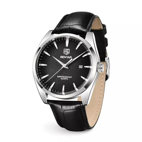 Lucca slim dress watch with an onyx black textured dial and black croco-embossed leather strap, angled view