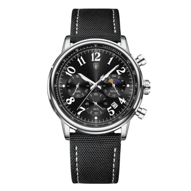 Lunario chronograph with black dial, engraved tachymeter scale and black nylon strap