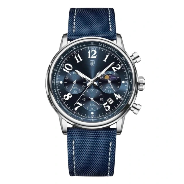 Lunario chronograph with deep blue dial and navy nylon strap, front view