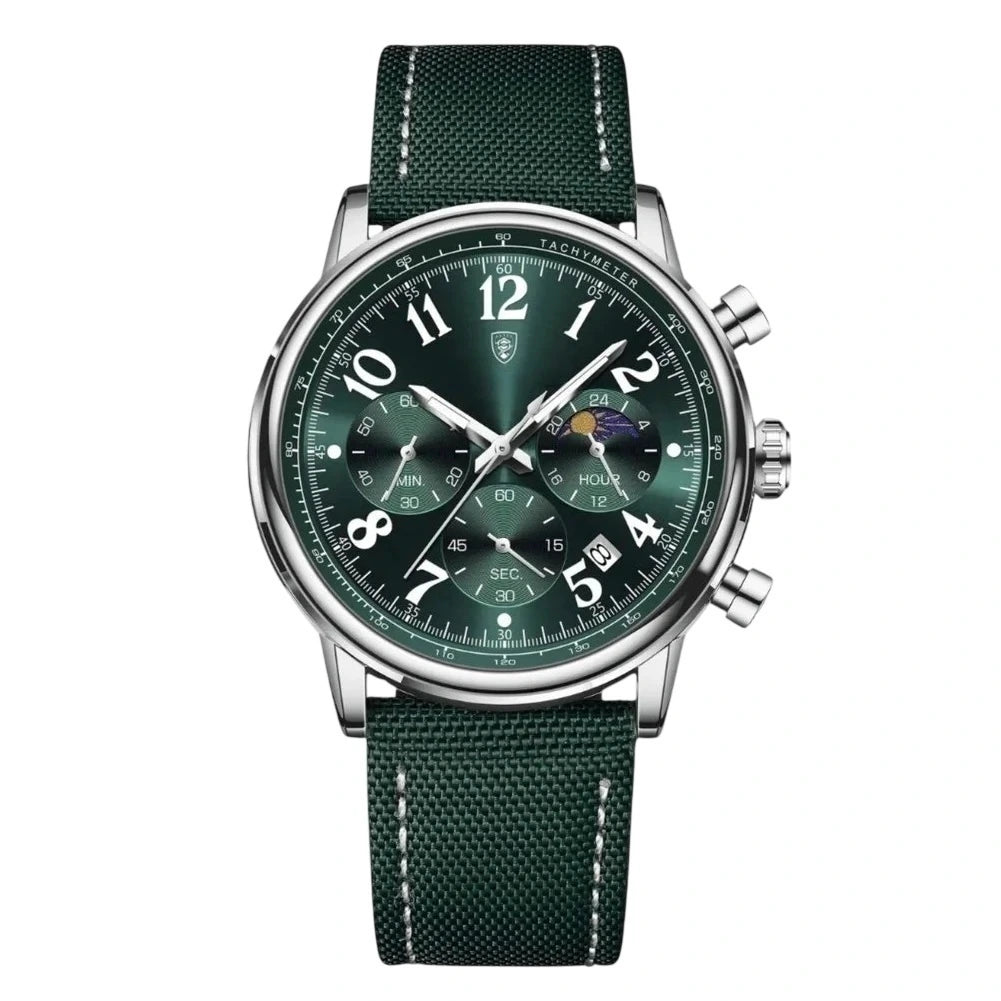 Lunario chronograph watch with green sunburst dial, moon phase sub-register and green nylon strap