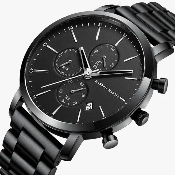 Close-up of the Milano's monochrome chronograph dial