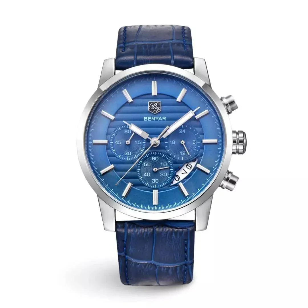 Monza men's watch with deep blue ribbed dial, steel case and matching blue croco-embossed leather strap, front view
