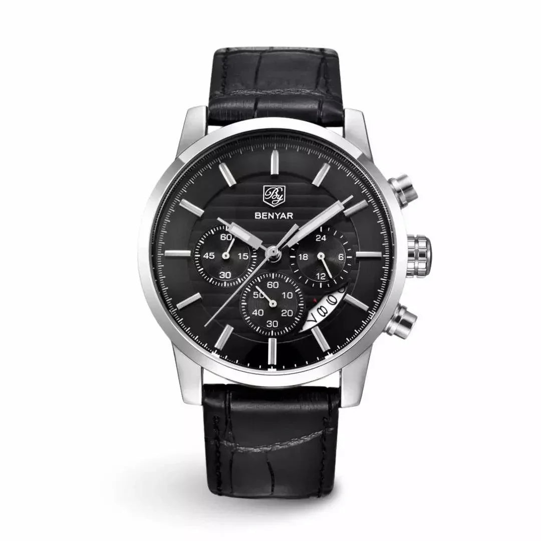 Monza men's watch with onyx black dial, steel case and black croco-embossed leather strap, front view