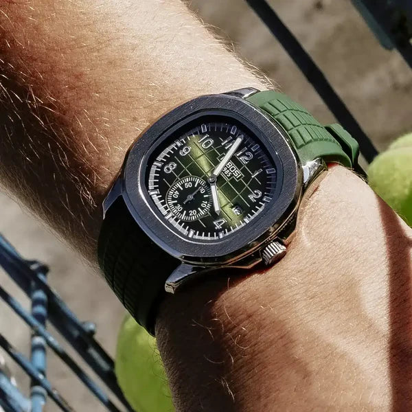 Portofino sport watch with green dial and green rubber strap worn on the wrist