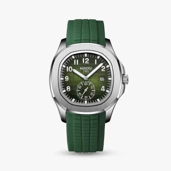 Portofino sport watch with steel case, green dial and green rubber strap, front view