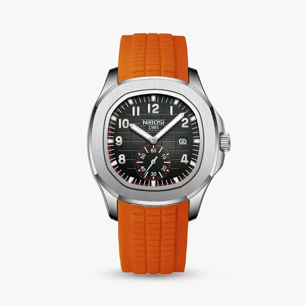 Portofino sport watch with steel case, black dial and orange rubber strap, front view