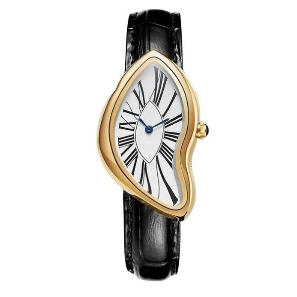 Positano sculpted watch in gold-tone steel with black leather strap 