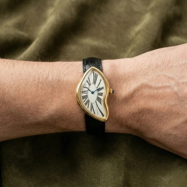 Close-up of the Positano's curved case and Roman numeral dial on the wrist