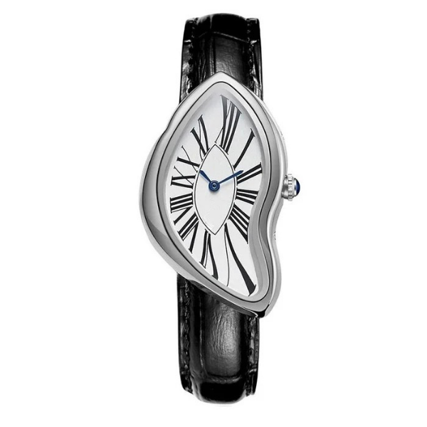 Positano sculpted watch in silver-tone steel with black leather strap
