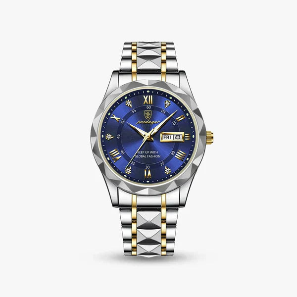 Two-tone day-date watch with black dial and luminous hands on a wrist