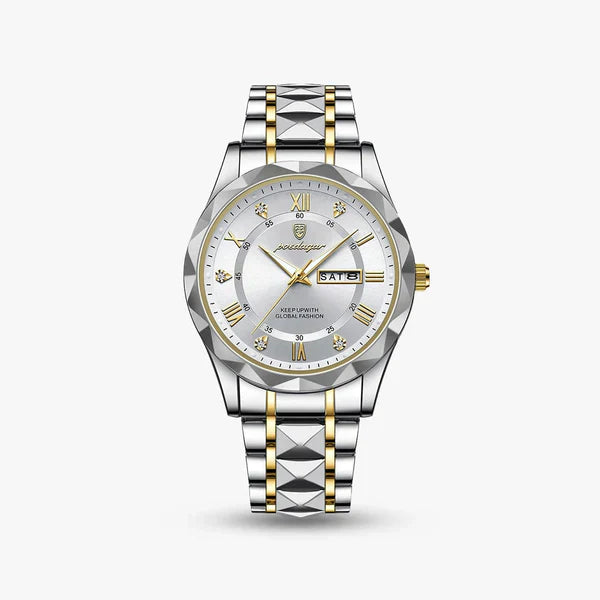 Close-up of the Romano's diamond-cut bezel catching the light