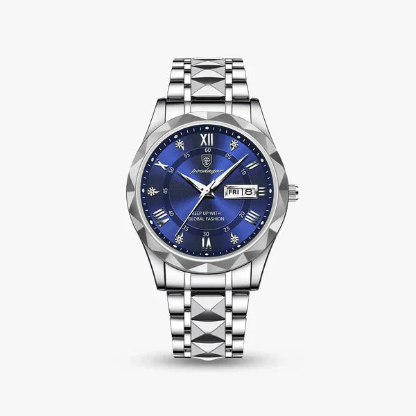 Romano watch with royal blue dial and faceted two-tone bracelet