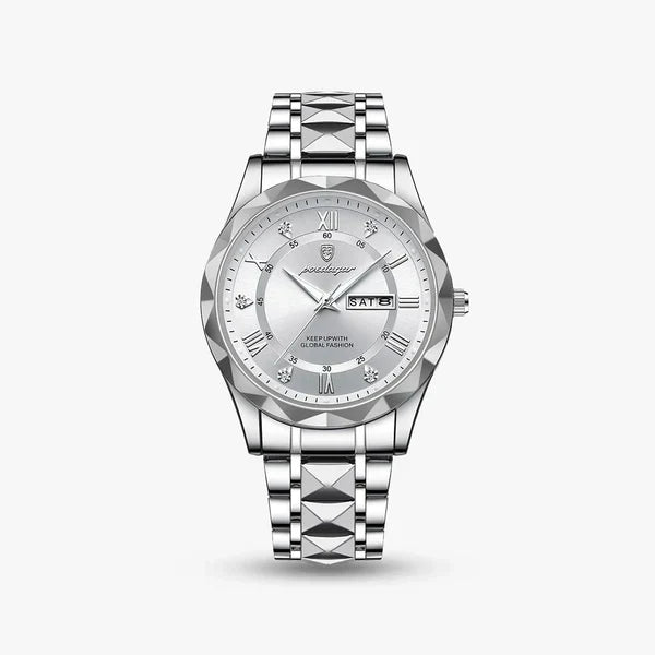 Side profile of the two-tone polished case and faceted links