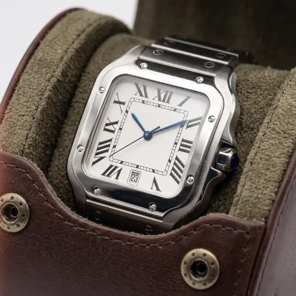 Santtus square watch with Roman numeral dial and steel bracelet in a brown leather watch roll