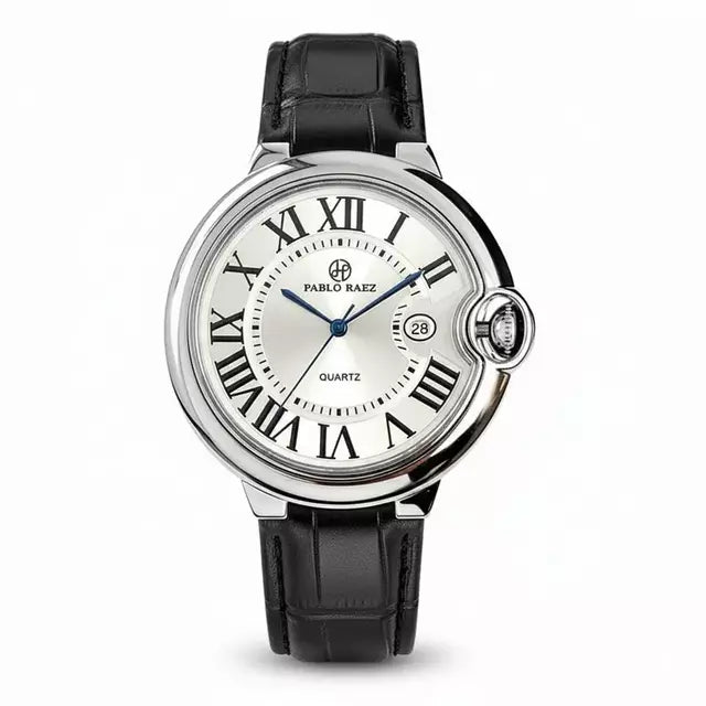 Siena watch with silver Roman numeral dial and black leather strap, front view