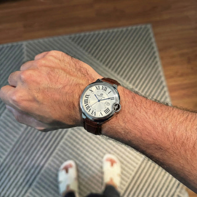 Overhead view of a man wearing the Siena with brown leather strap