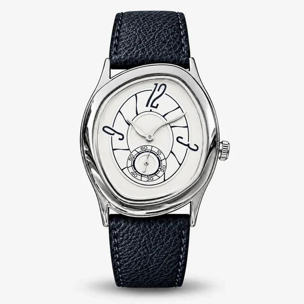 Tiziano cushion case watch in silver steel with ivory dial and midnight blue leather strap, front view