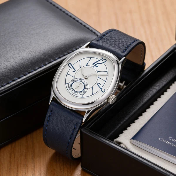 Silver Tiziano watch on midnight blue leather resting in an open watch box