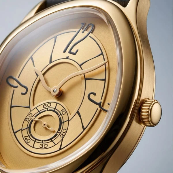 Macro of the gold Tiziano dial with fluid numerals, curved hands and small seconds track