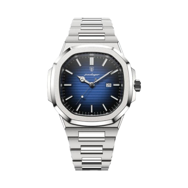 Tremezzo watch with deep blue grooved dial and steel bracelet, front view