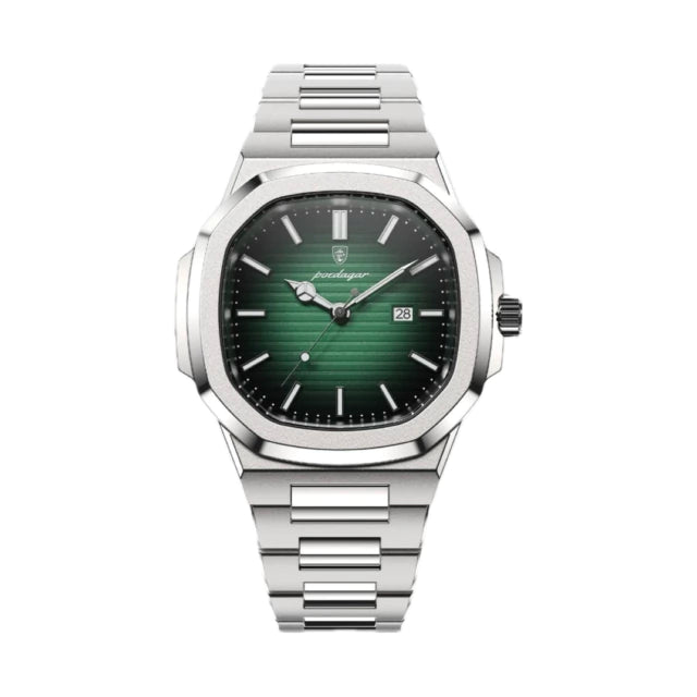 Tremezzo watch with forest green grooved dial and steel bracelet, front view