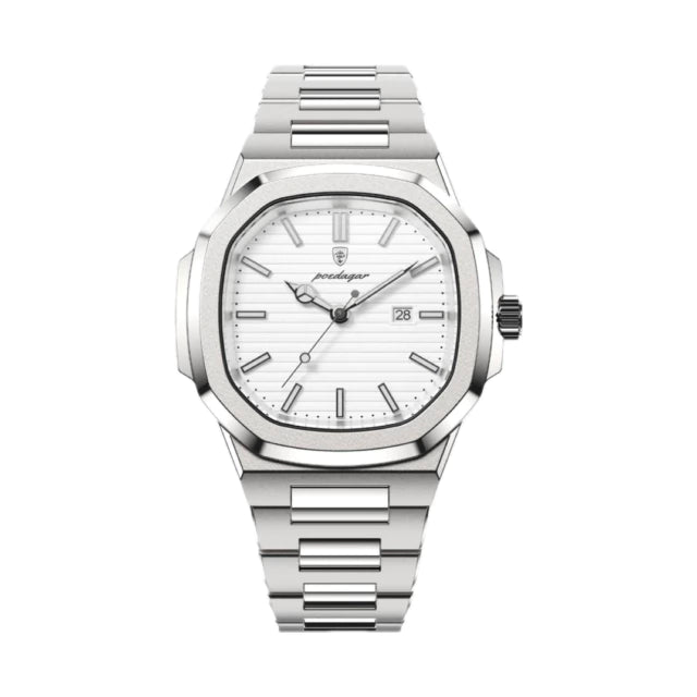 Tremezzo watch with white grooved dial and steel bracelet, front view