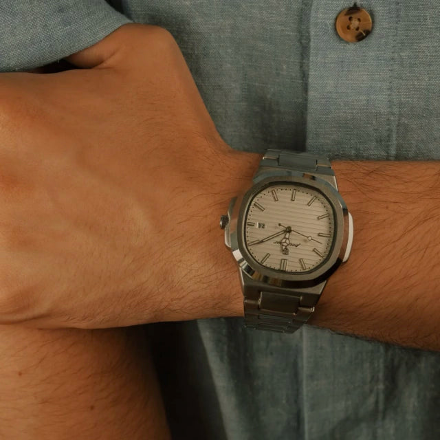 Tremezzo with white dial worn with a chambray shirt