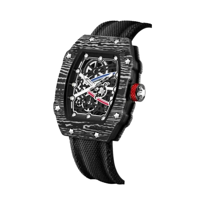 Vulcano tonneau watch case profile in black, textured forged-carbon-effect finish