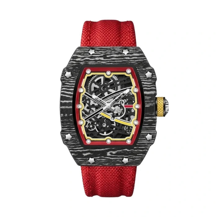 Vulcano skeleton tonneau watch in red with nylon strap, front view