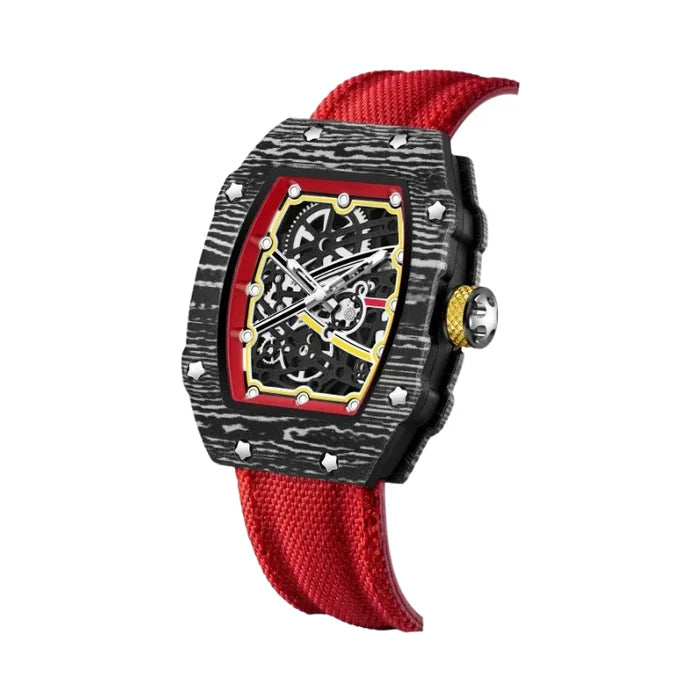 Vulcano tonneau watch in red, skeleton dial and exposed movement detail