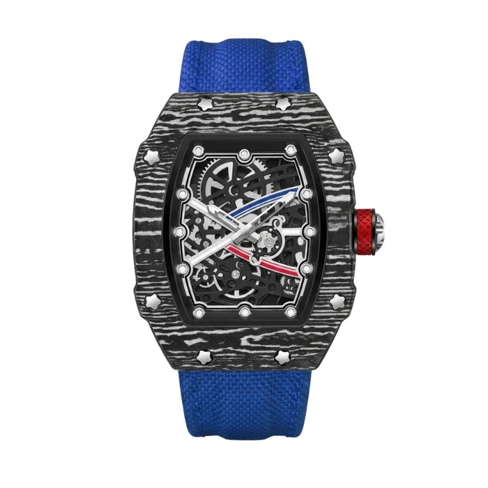 Vulcano skeleton tonneau watch in blue with nylon strap, front view